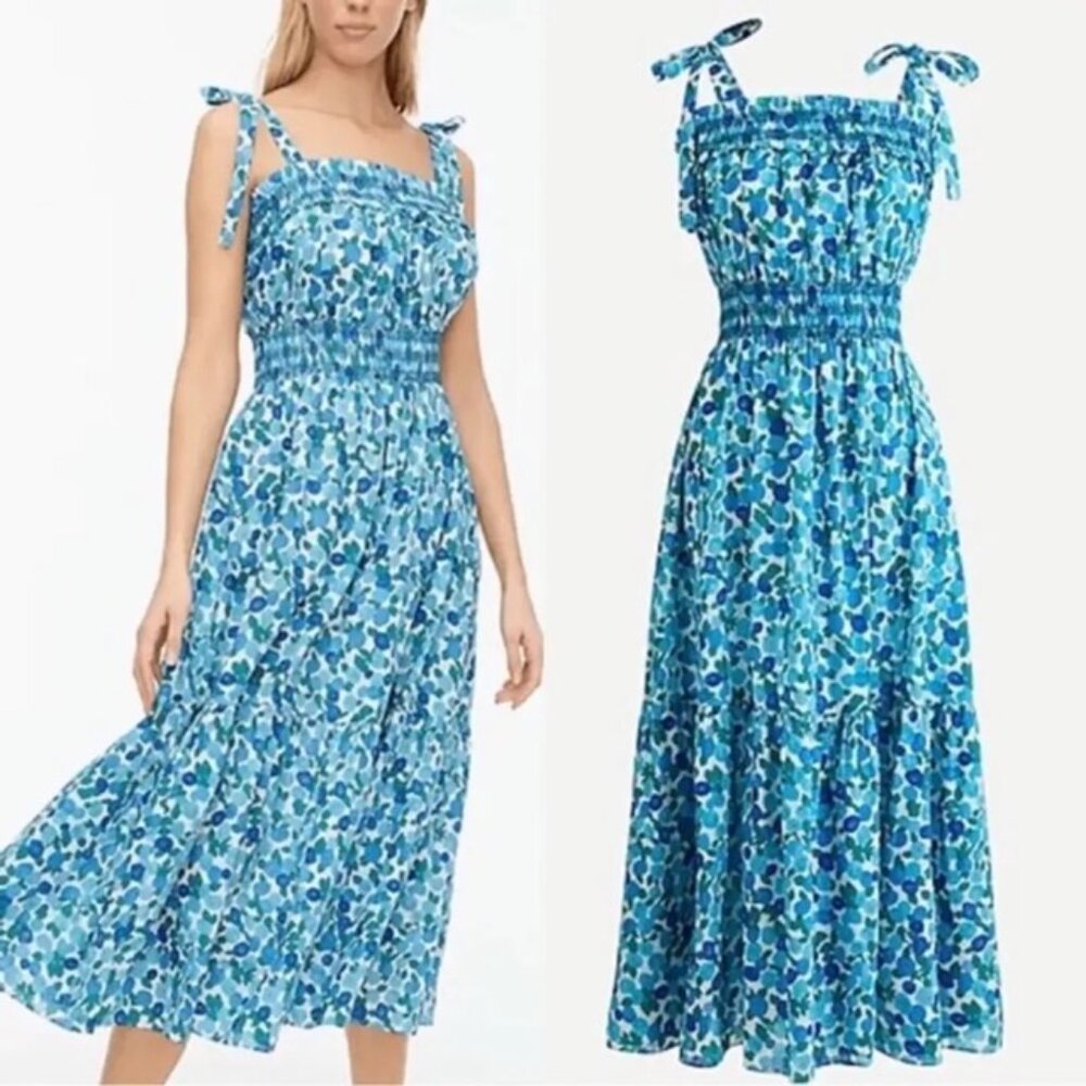 J.Crew Smocked Midi Cotton Dress in Blueberry Floral